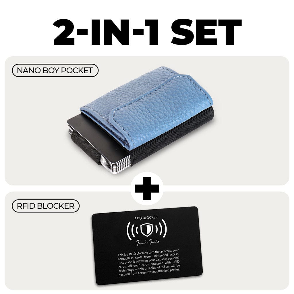 Jaimie Jacobs Grained Leather Powder Blue Nano Boy Pocket Ladies Edition + RFID Protection Card Bundle Nano Boy Pocket wallet Ladies Edition + RFID Protection Card