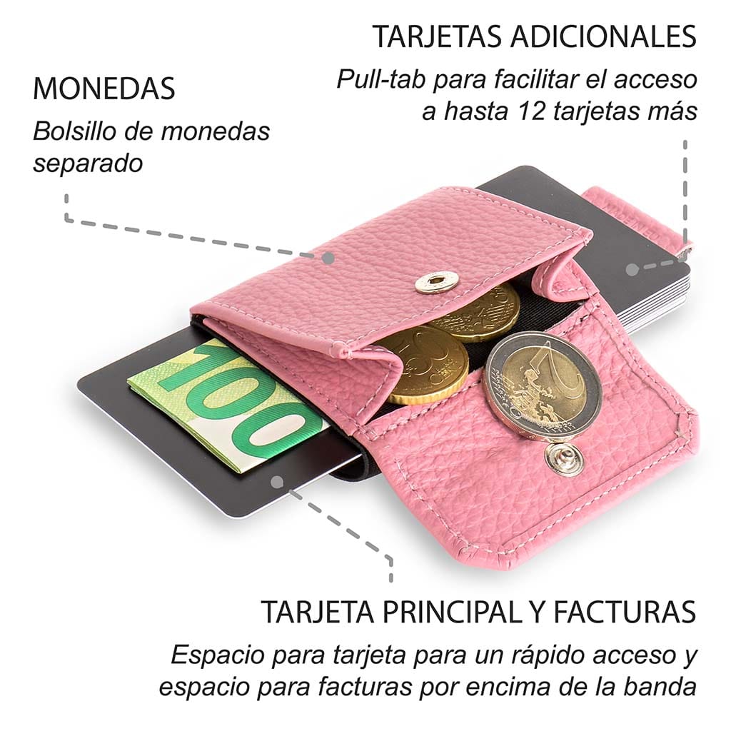 jaimie jacobs nano boy pocket cartera mini con monedero para mujer sobre fondo blanco con explicacion de las funciones