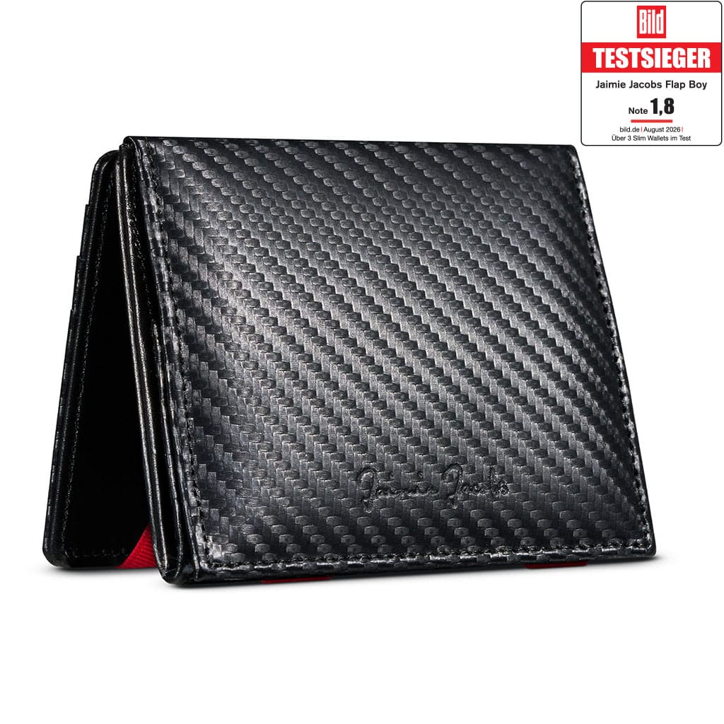 Jaimie Jacobs Geldbeutel Portemonnaie Carbon with Red Flap Boy - Magic Wallet with Coin Pocket Flap Boy Magic Wallet with Coin Pocket Genuine Leather