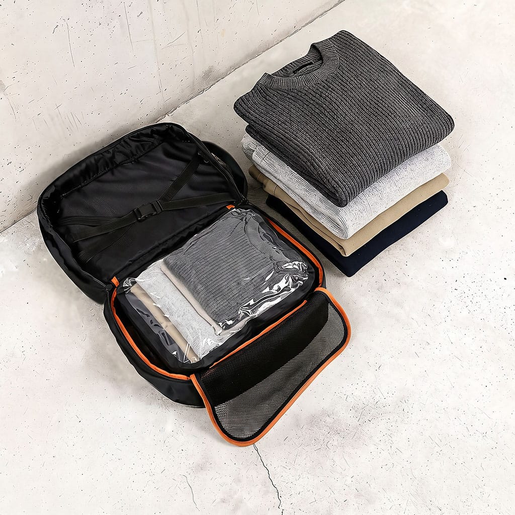 A black packing cube organizer with orange trim is shown open, containing folded gray and white garments in clear plastic sleeves, with a stack of folded clothes beside it on a light concrete surface.