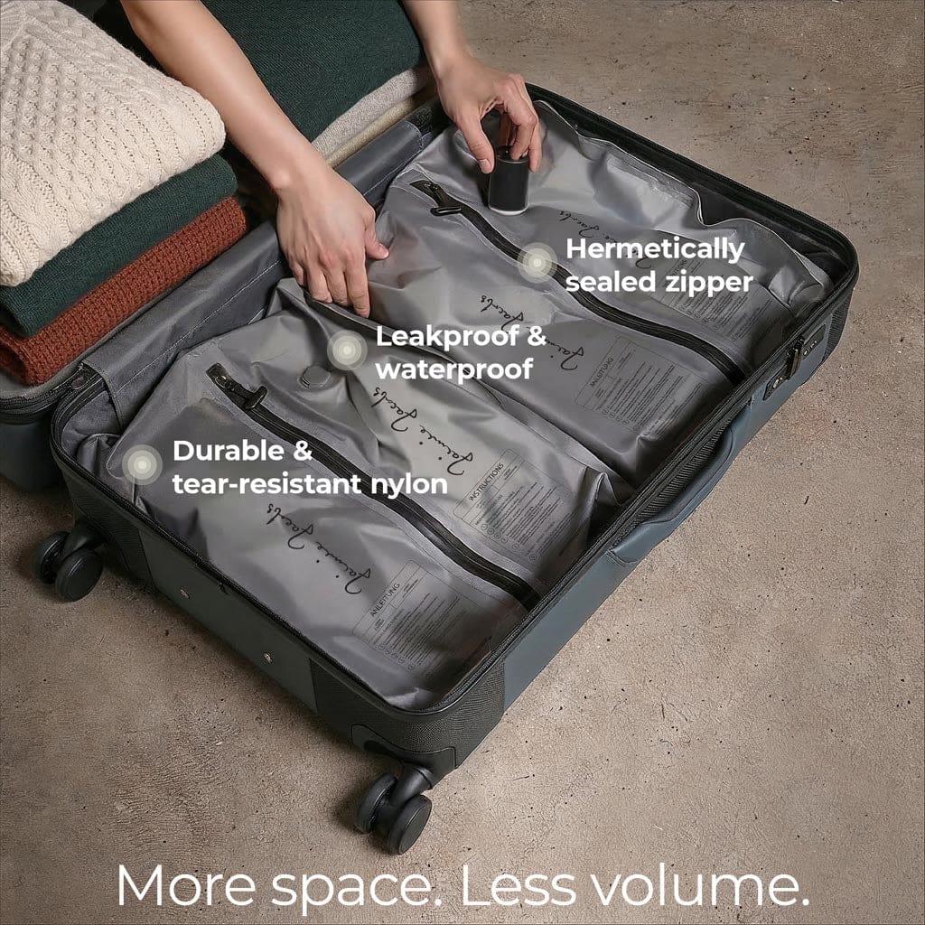 Person packing gray compression bags into a suitcase with text highlighting features.